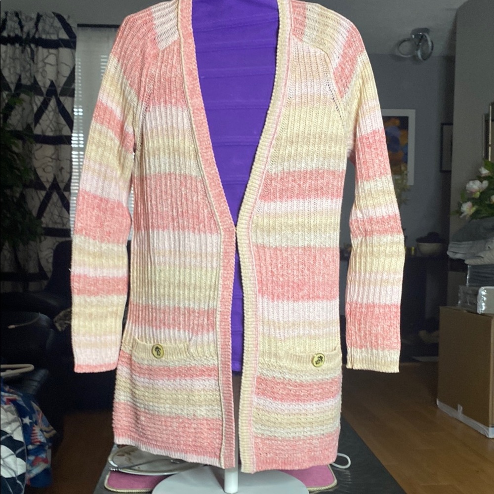 Tory Burch Erin Pink Multicolor Stripe Cardigan Size S 100% Cotton Knit #5